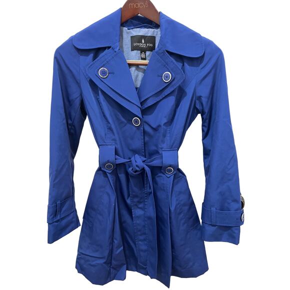 London Fog Woman’s Raincoat NWOT blue size XS belted button up removable hood - Picture 1 of 9
